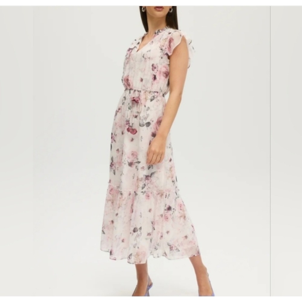 Joie Floral Maxi Dress XL Pink Cream Flutter Sleeve Tiered Ruffle V-Neck Tie